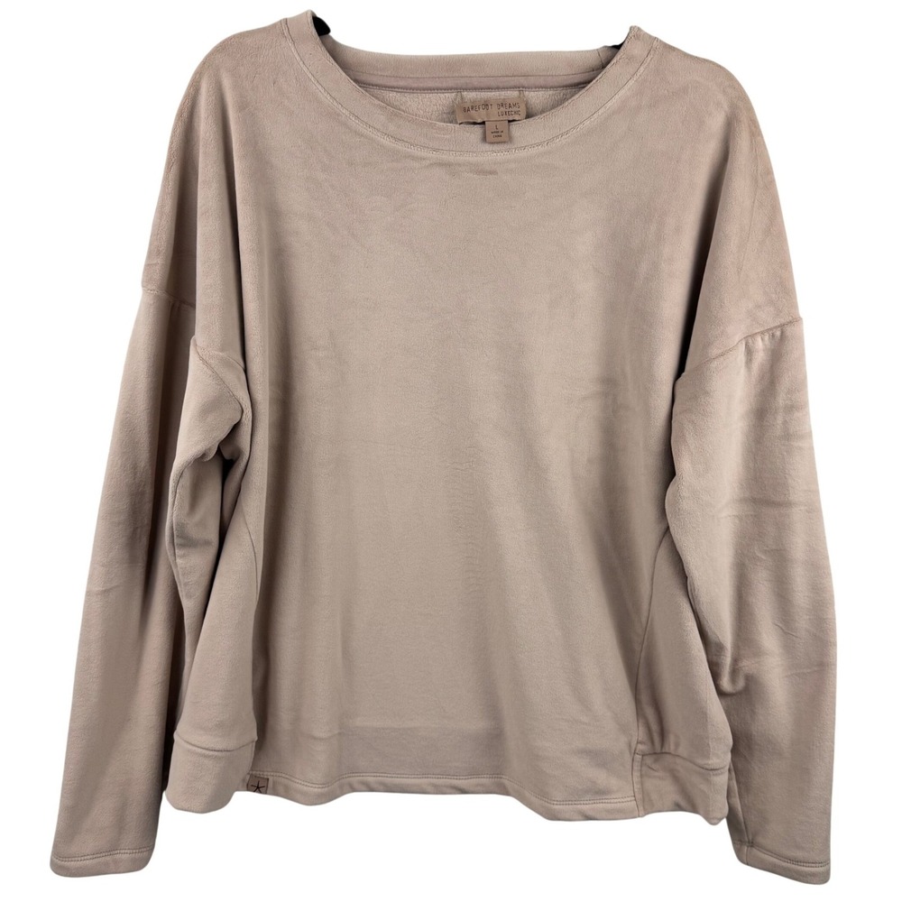 Barefoot Dreams LuxeChic Sweatshirt Women Large Tan Crew Neck Cozy Loungewear - Picture 2 of 10